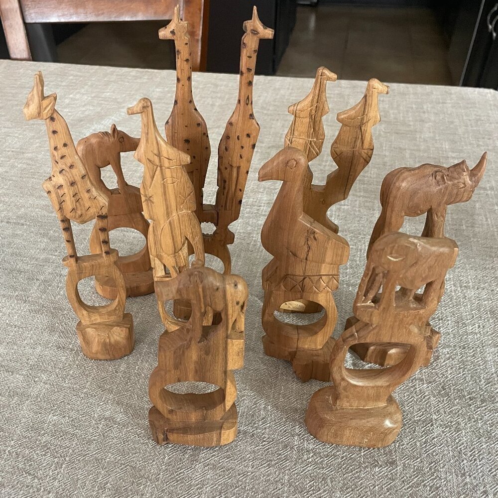 Set of 9 Hand Carved Wooden Safari Animal Napkin Rings African Unique